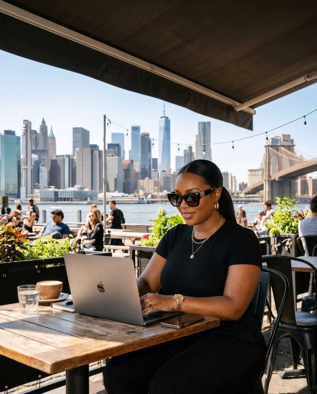 Kim working on her laptop at a waterfront cafe with the New York City skyline behind her