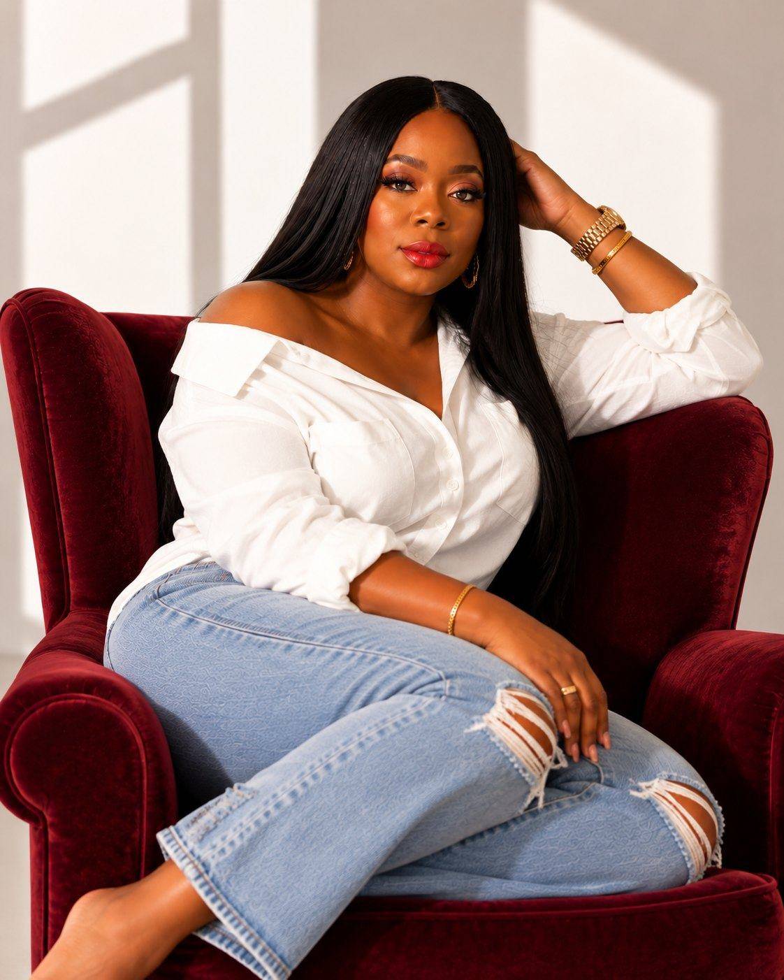 Kim McCarter seated in a deep red velvet armchair in a white shirt and jeans