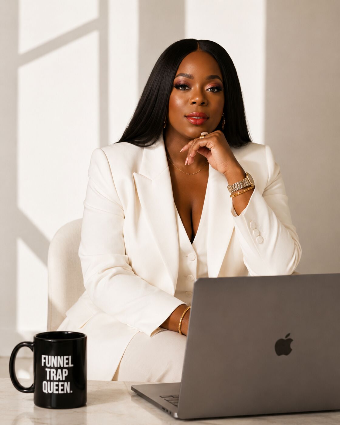 Kim McCarter in a white suit at her laptop