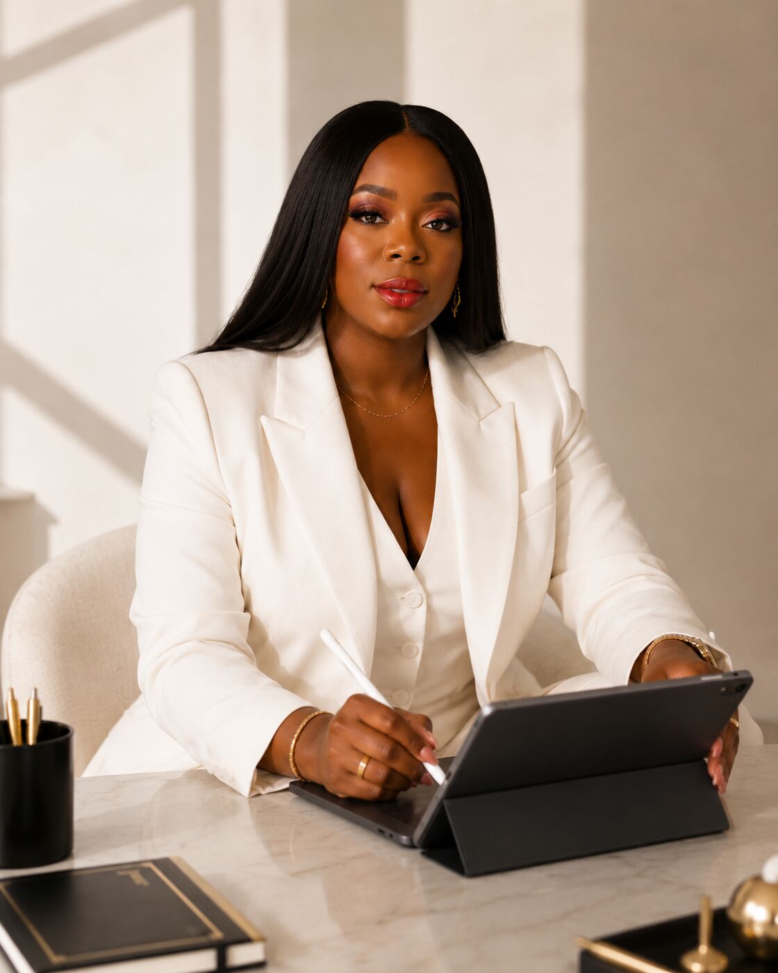 Kim in a white suit working on an iPad at a marble desk