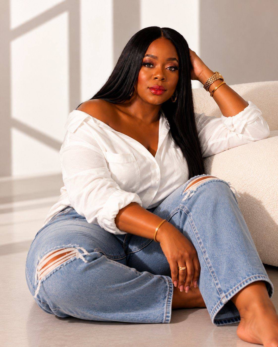 Kim McCarter seated on the floor in a white shirt and jeans, leaning against a cream sofa