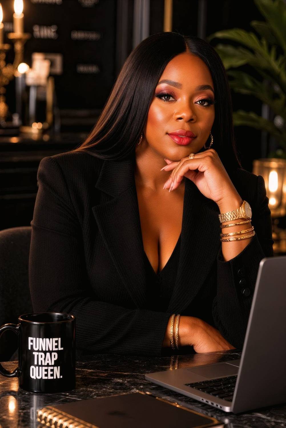 Kim McCarter at her marble desk in a black blazer, chin resting on her hand, laptop open beside her