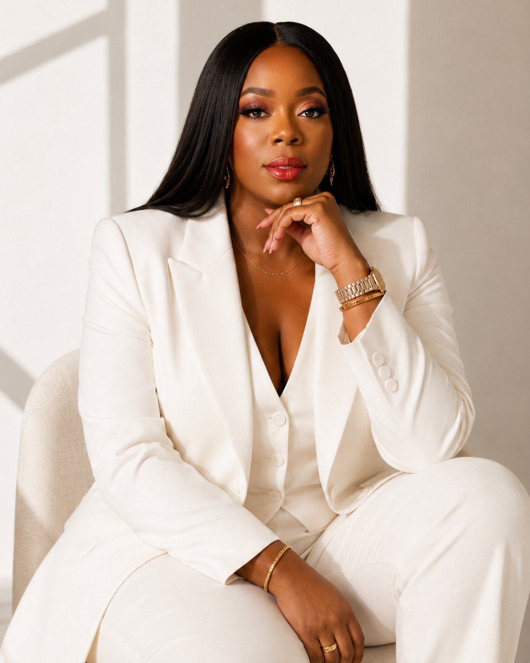 Kim McCarter in an ivory suit, seated with her chin resting on her hand