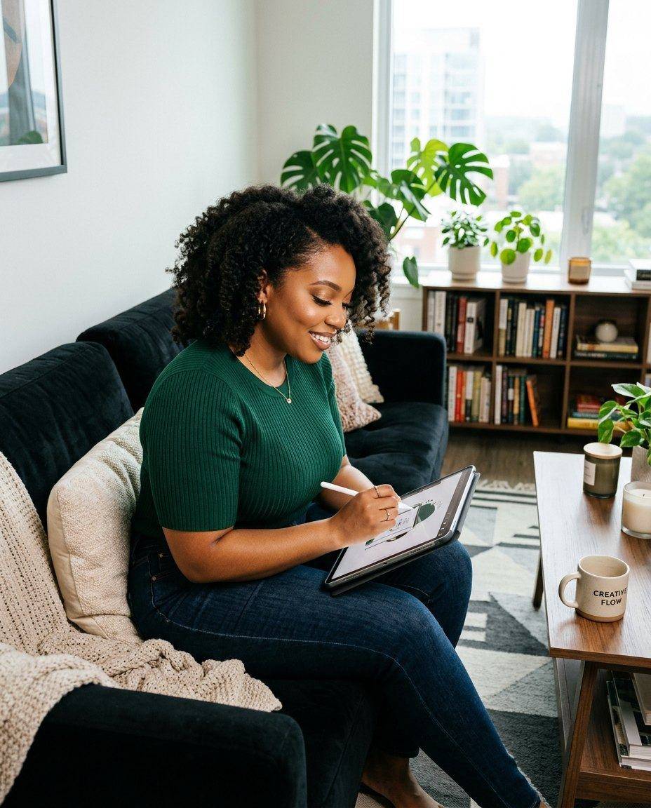 A business owner on a sofa reviewing their plan on a tablet
